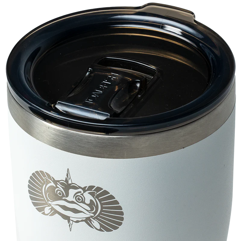 White tumbler with black lid and fish logo on a white background