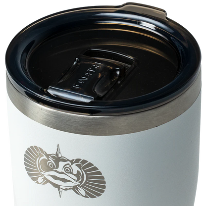 White tumbler with black lid and fish logo on a white background