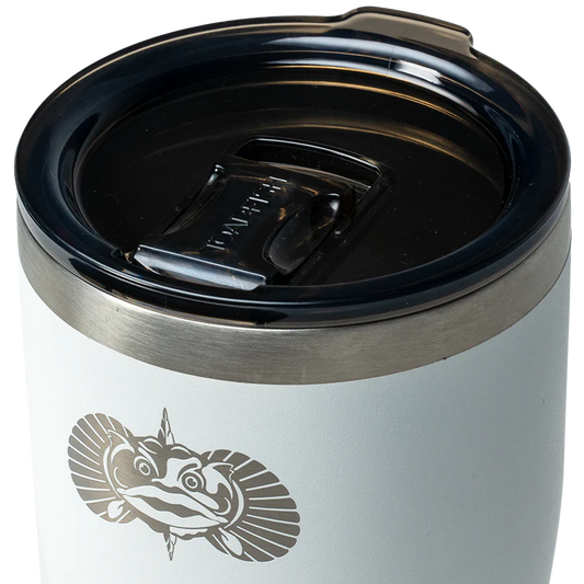White tumbler with black lid and fish logo on a white background