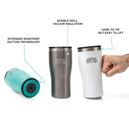 Three insulated tumblers with features highlighted on a white background
