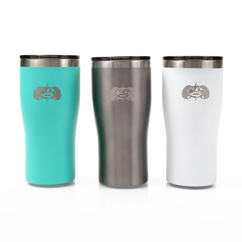 Three insulated tumblers in teal, silver, and white with a logo on a white background