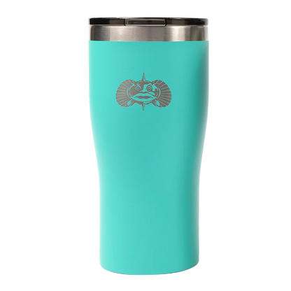 Turquoise tumbler with a fish logo on a white background