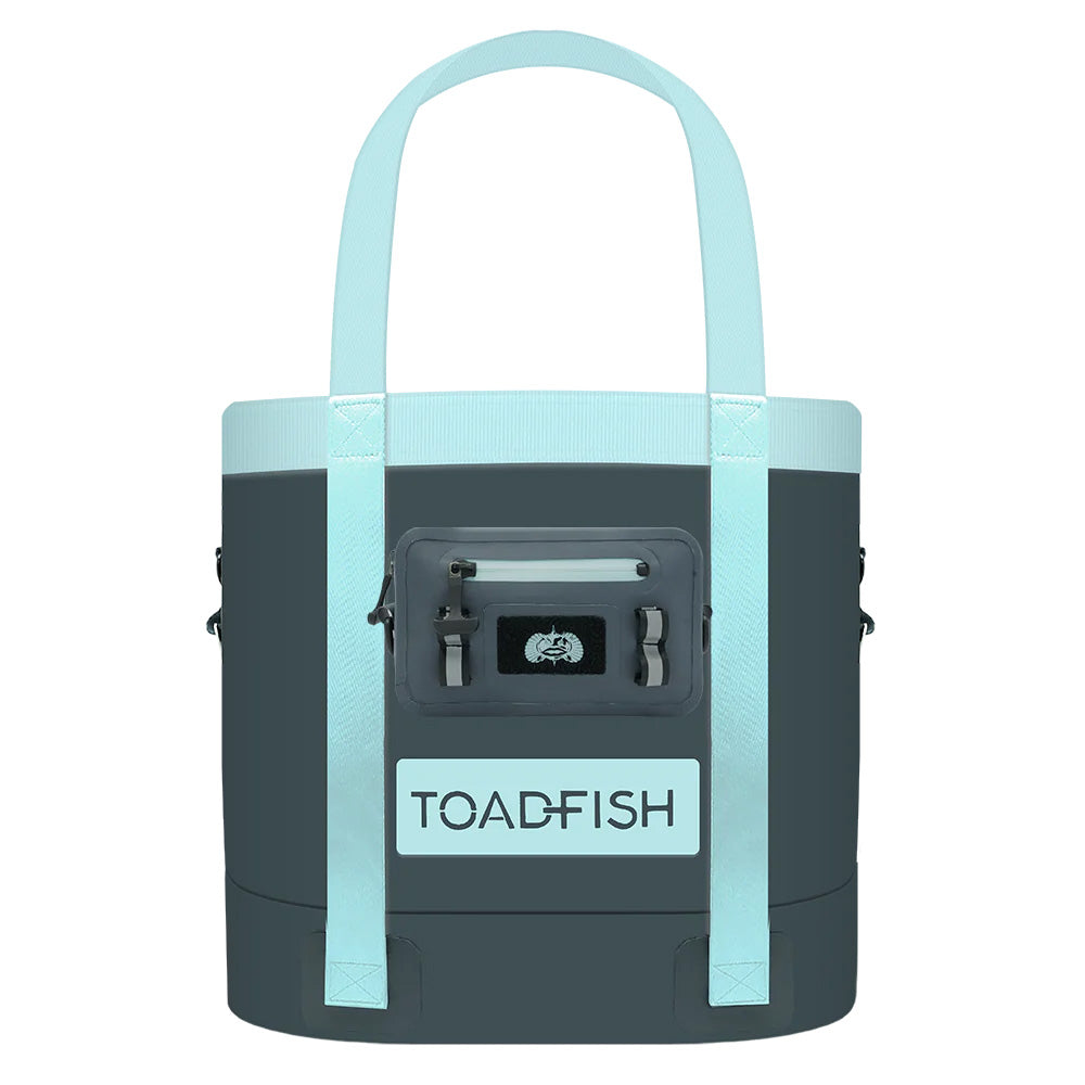 Cooler bag with light blue handles and accents on a white background