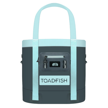 Cooler bag with light blue handles and accents on a white background