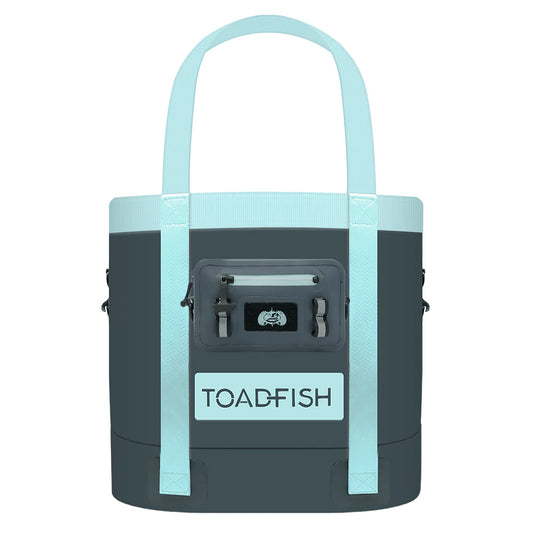 Cooler bag with light blue handles and accents on a white background