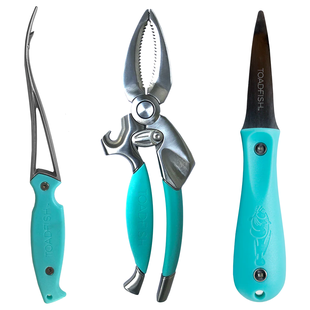 Set of three fishing tools with turquoise handles on a white background