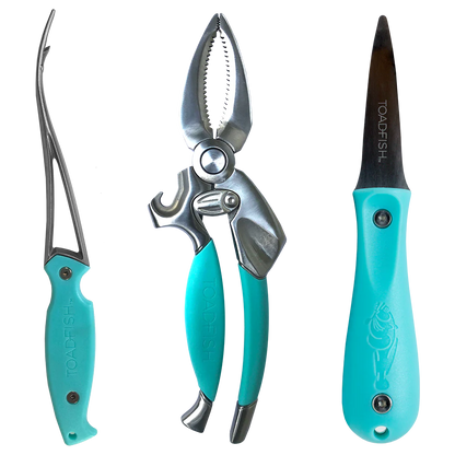 Set of three fishing tools with turquoise handles on a white background