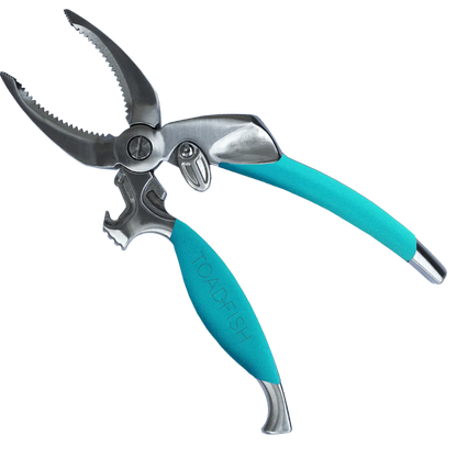 Teal-handled pruning shears on a white background