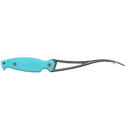 Teal fishing lure with a black treble hook on a white background