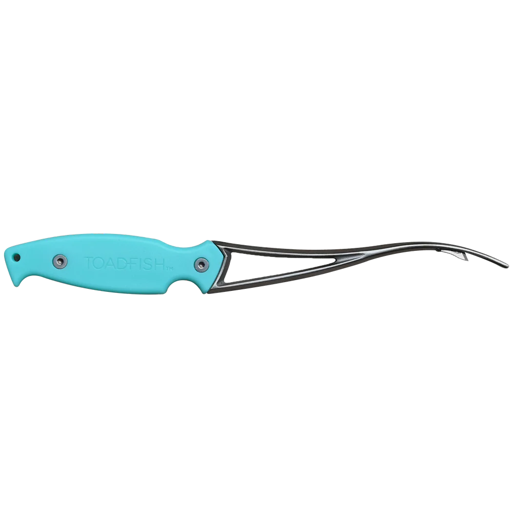 Teal fishing lure with a black treble hook on a white background