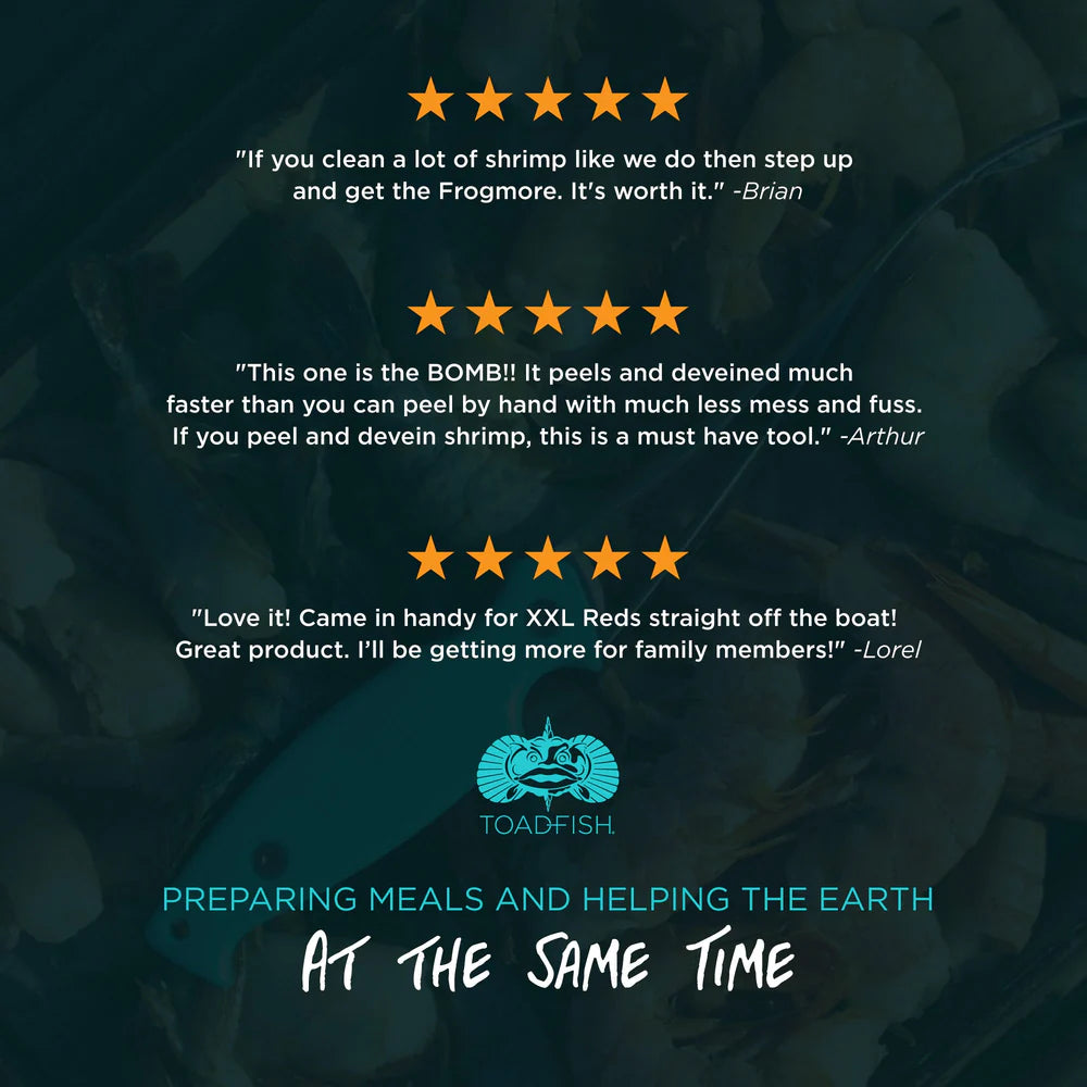 Product review text with star ratings and customer testimonials on a dark background, featuring the Toadfish brand logo.