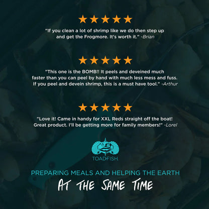 Product review text with star ratings and customer testimonials on a dark background, featuring the Toadfish brand logo.