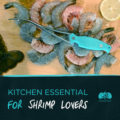 Shrimp on a cutting board with a knife and lemon, featuring Toadfish branding.