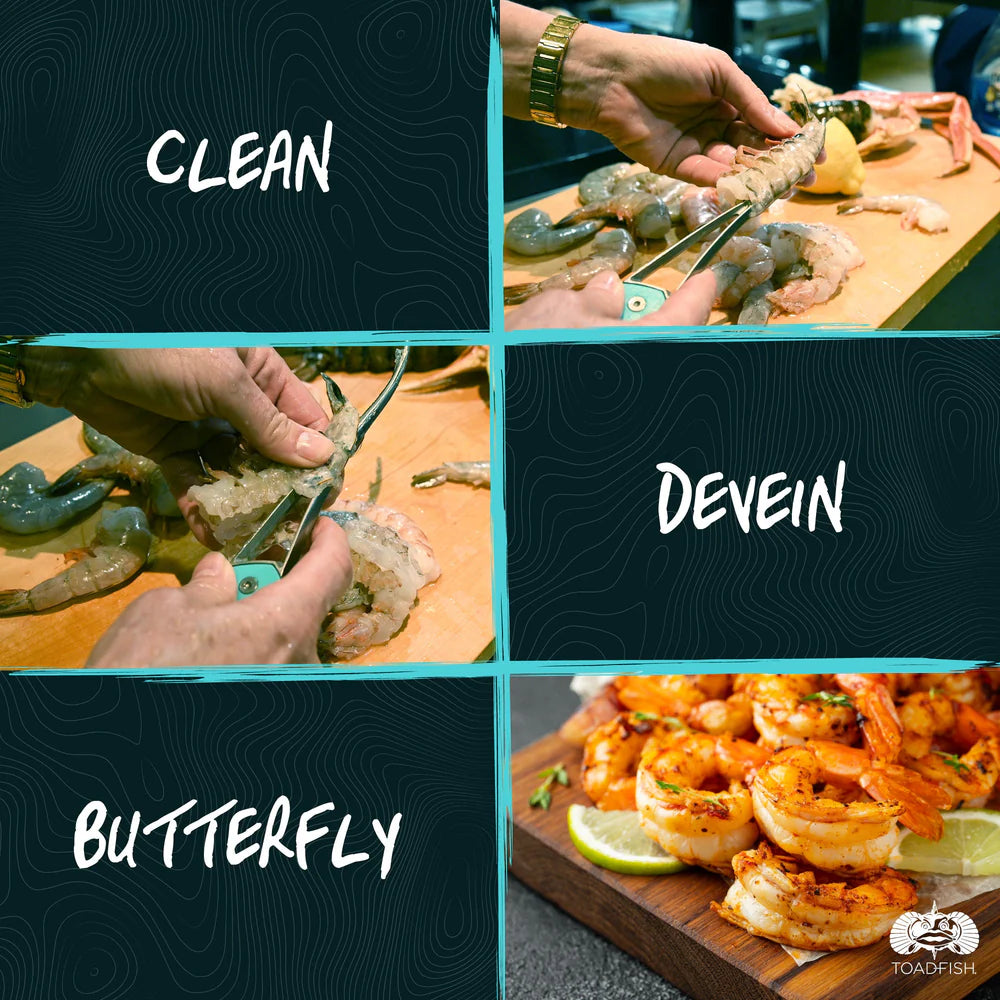 Step-by-step process of preparing shrimp with text labels on a wooden cutting board.