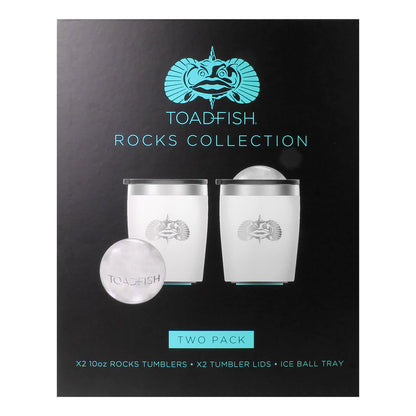 Toadfish Rocks Collection packaging with two tumblers and a ice ball tray on a black background.