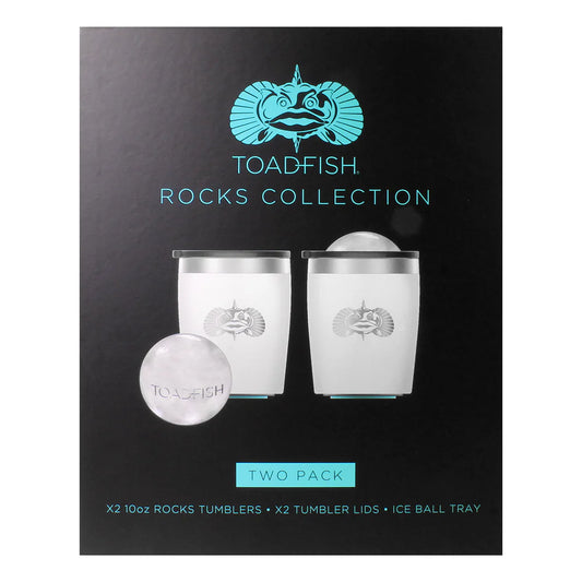 Toadfish Rocks Collection packaging with two tumblers and a ice ball tray on a black background.