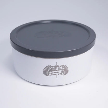 Metal container with a dark gray lid on a light gray background