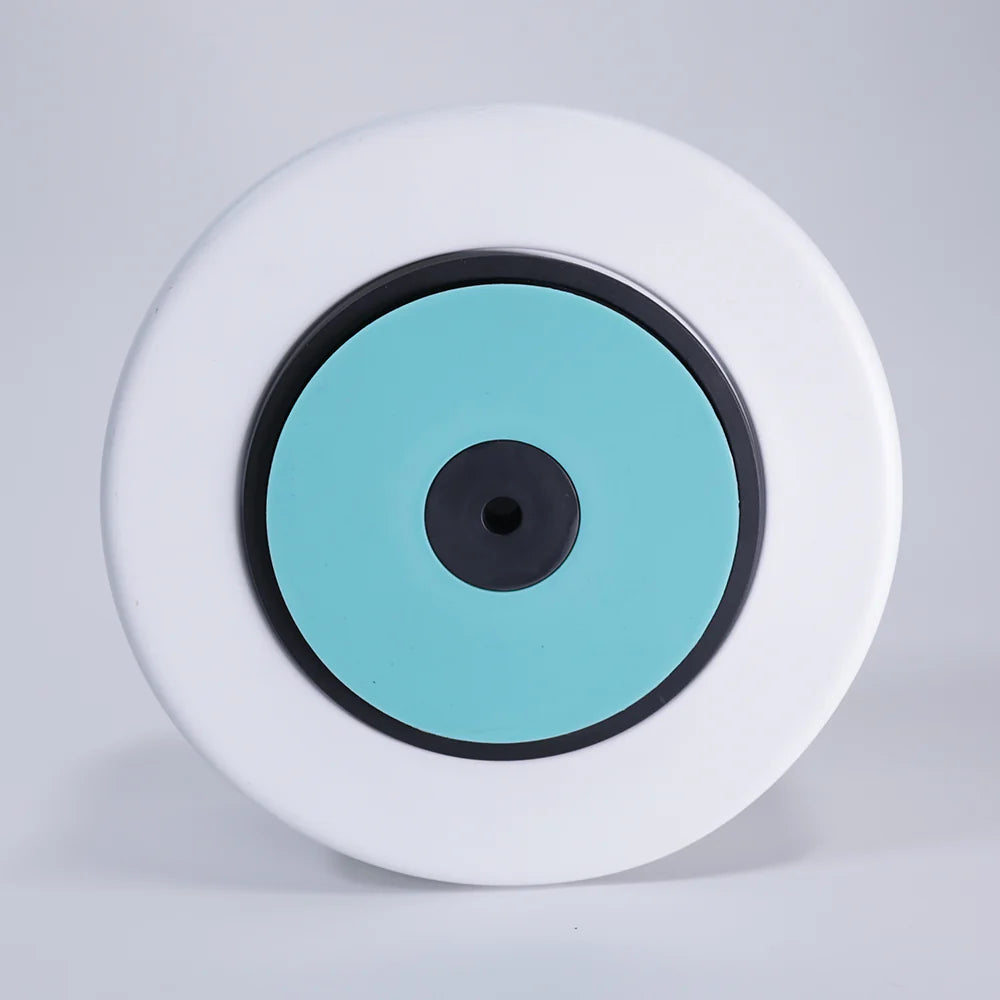 Round object with white rim, black center, and teal blue middle on a light gray background