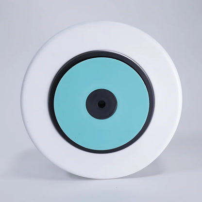 Round object with white rim, black center, and teal blue middle on a light gray background