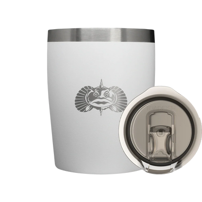 White tumbler with a fish design and silver lid on a white background