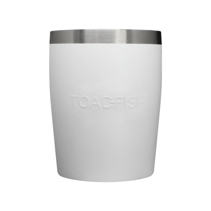 White tumbler with silver rim on a white background