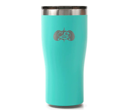 Turquoise tumbler with a logo on a white background