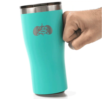 Turquoise tumbler with a logo held by a hand on a white background