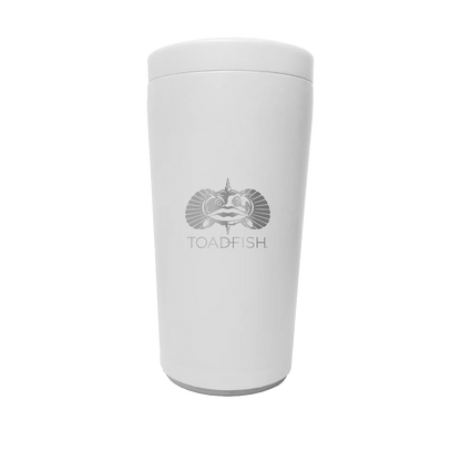 White tumbler with 'TOADFISH' logo on a white background