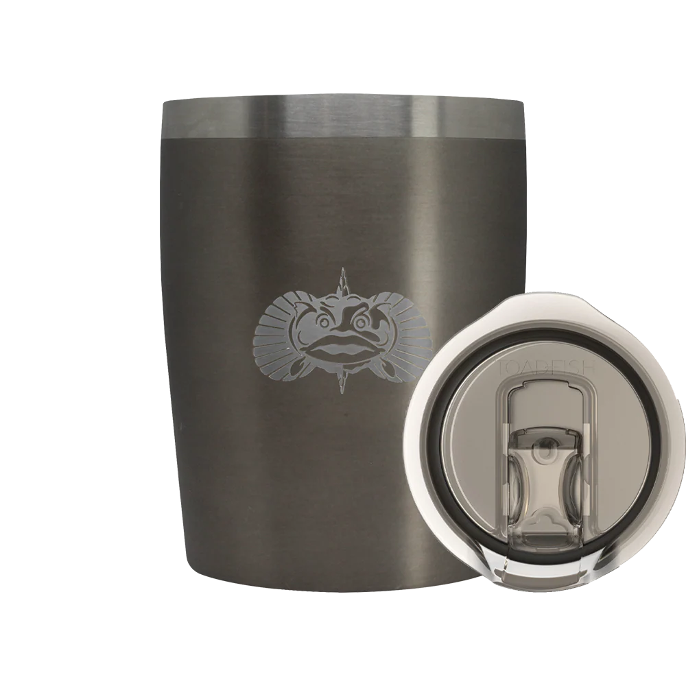 Silver insulated tumbler with fish design on a white background