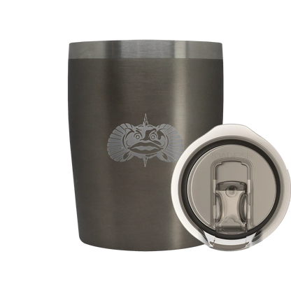 Silver insulated tumbler with fish design on a white background