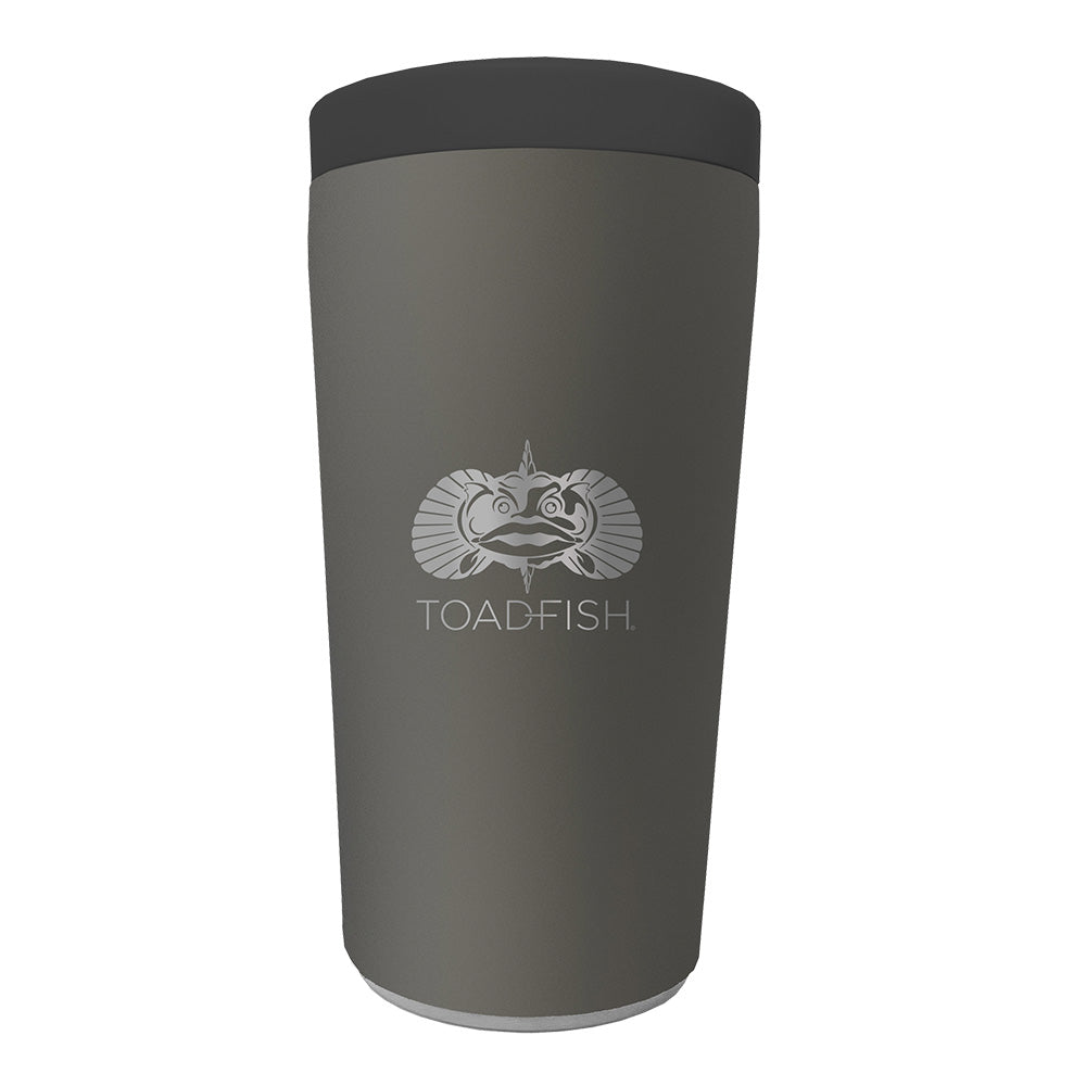 Gray tumbler with black lid featuring 'TOADFISH' logo on a white background
