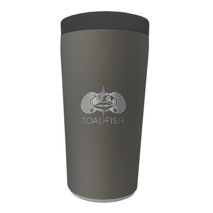 Gray tumbler with black lid featuring 'TOADFISH' logo on a white background