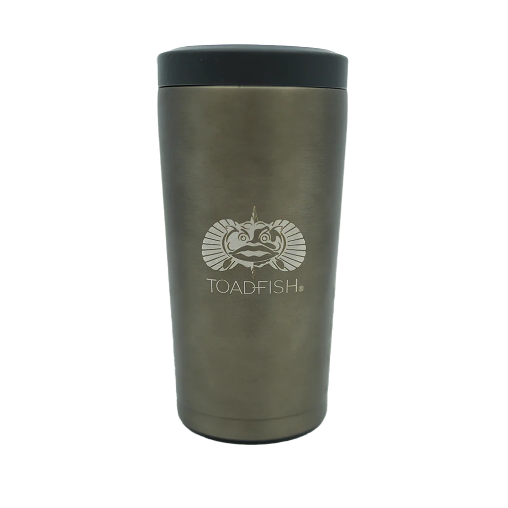 Silver tumbler with black lid featuring Toadfish logo on a white background