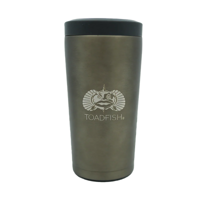 Silver tumbler with black lid featuring Toadfish logo on a white background