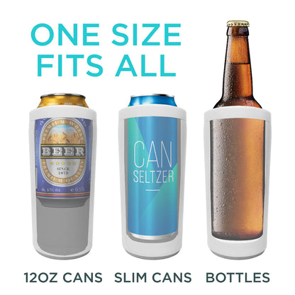 Multifunctional drink holder for various sizes of cans and bottles with text 'One Size Fits All'.