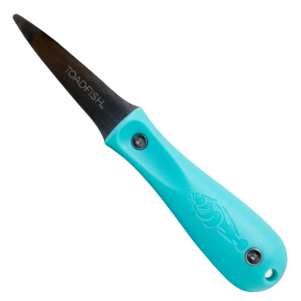 Turquoise folding knife with black blade on a white background