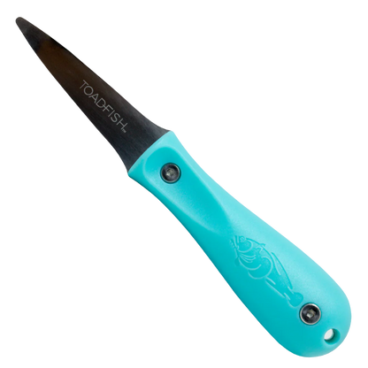 Turquoise folding knife with black blade on a white background