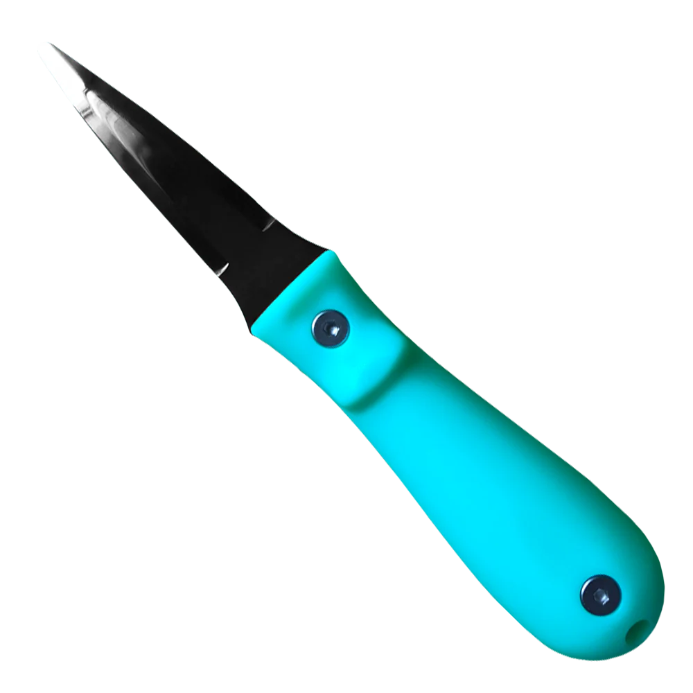 Blue and black tool with a pointed end on a white background