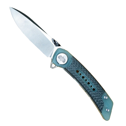 Folding knife with a blue handle on a white background