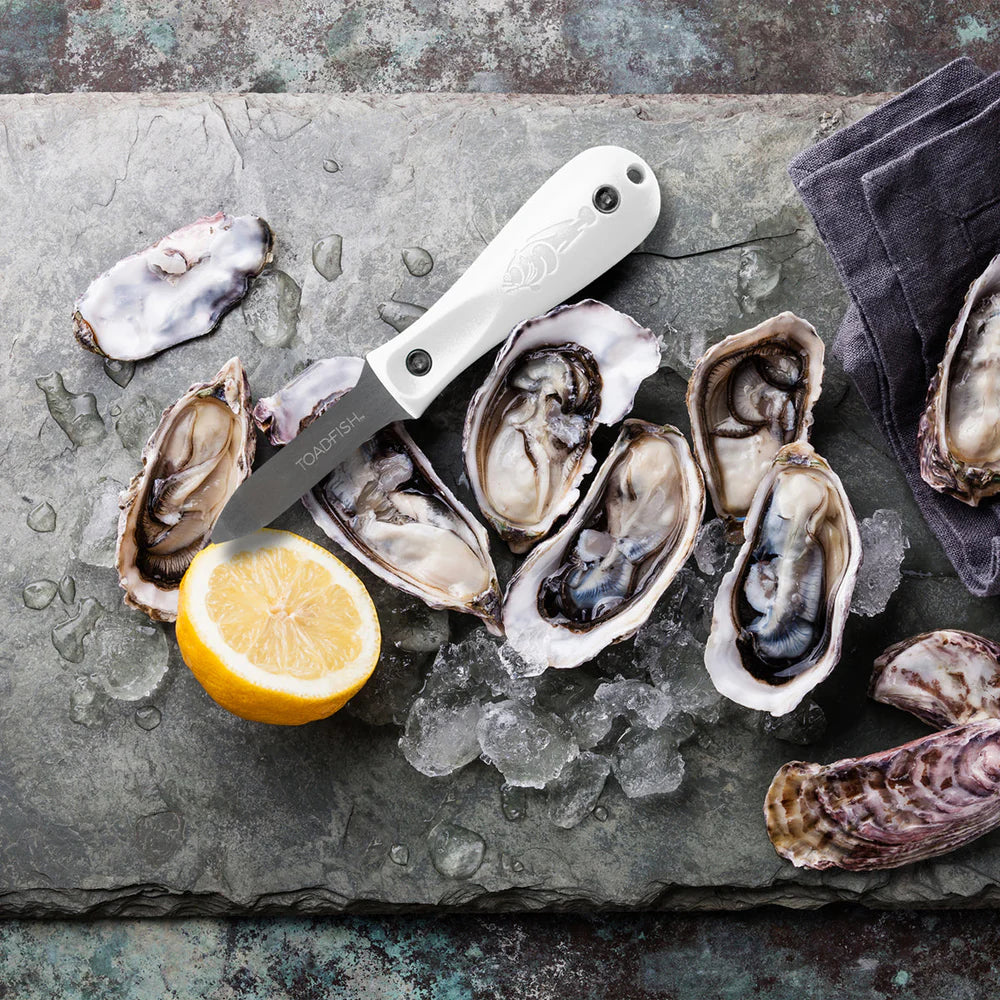 Open oysters on a bed of ice with a lemon wedge and knife on a dark surface.