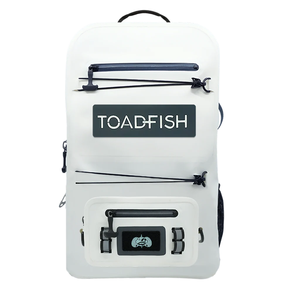 White backpack with black zippers and 'TOADFISH' logo on a white background