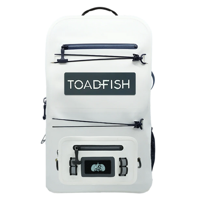 White backpack with black zippers and 'TOADFISH' logo on a white background