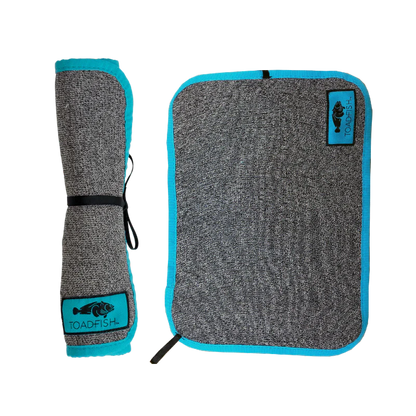 Gray and blue textured mat with a small logo on a white background