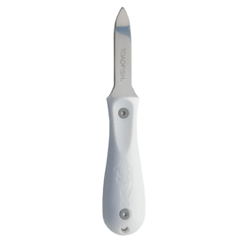 Fishing knife with white handle and silver blade on a white background