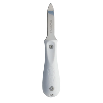 Fishing knife with white handle and silver blade on a white background