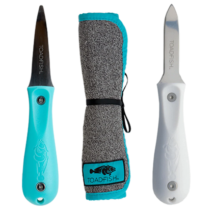 Two pocket knives with turquoise and white handles, one with a sheath, on a white background.