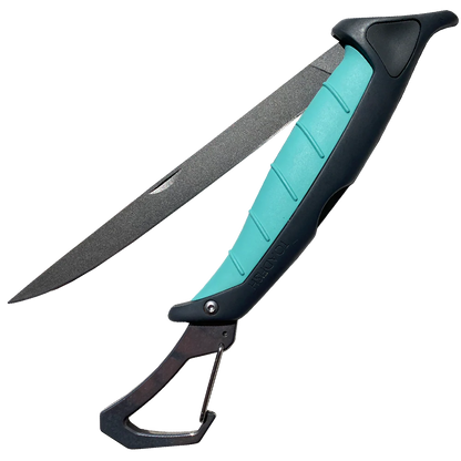Folding knife with turquoise handle and black blade on a white background
