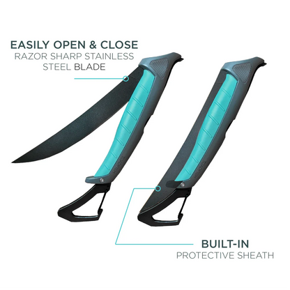 Teal and black knife with a built-in sheath on a white background