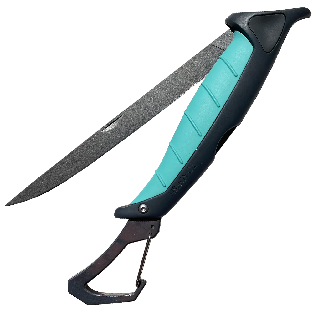 Folding knife with turquoise handle and black blade on a white background