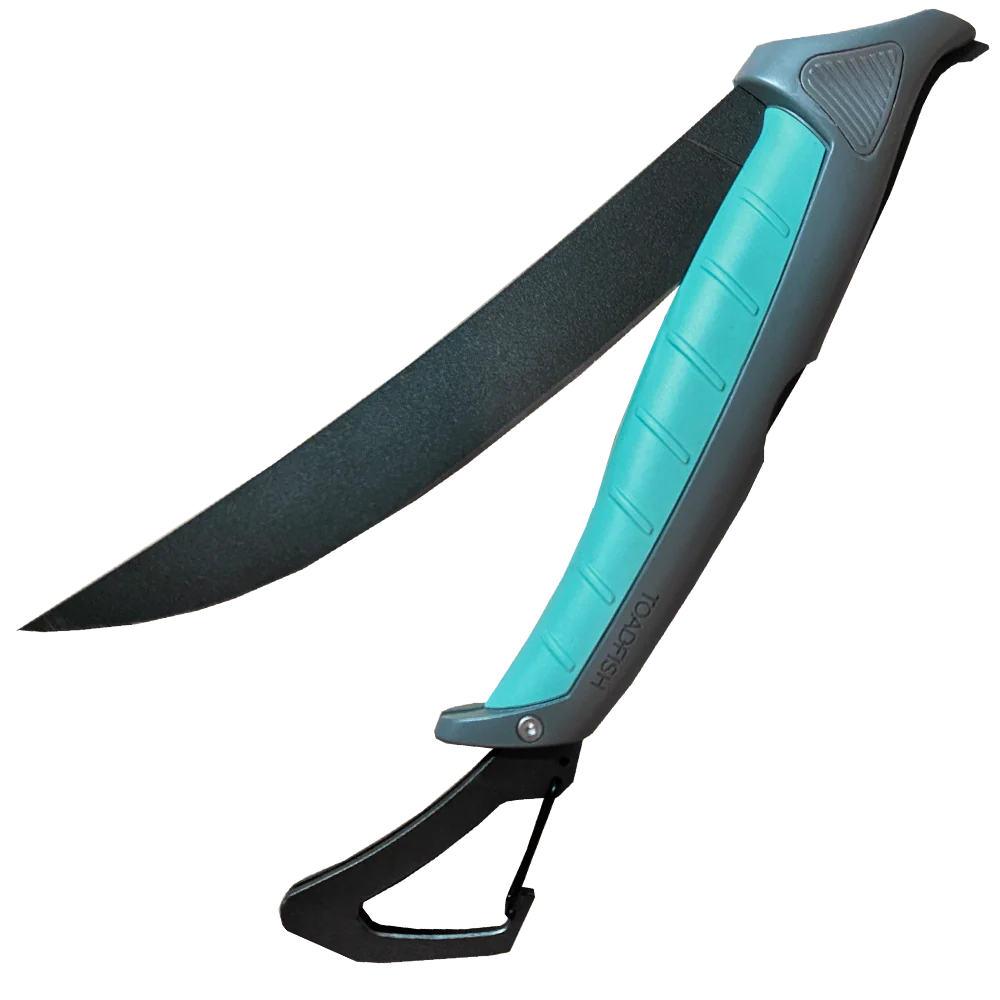 Folding knife with turquoise blade and gray handle on a white background